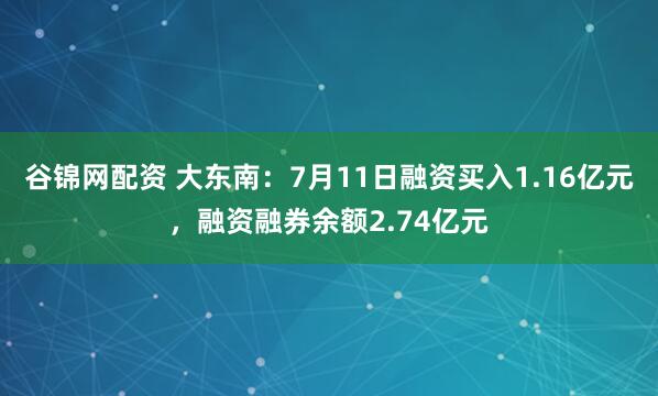 谷锦网配资 大东南：7月11日融资买入1.16亿元，融资融券余额2.74亿元